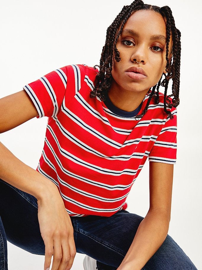 Tommy Hilfiger All-Over Stripe Organic Baumwoll T-shirts Damen Tiefesrot | AT580UTOB