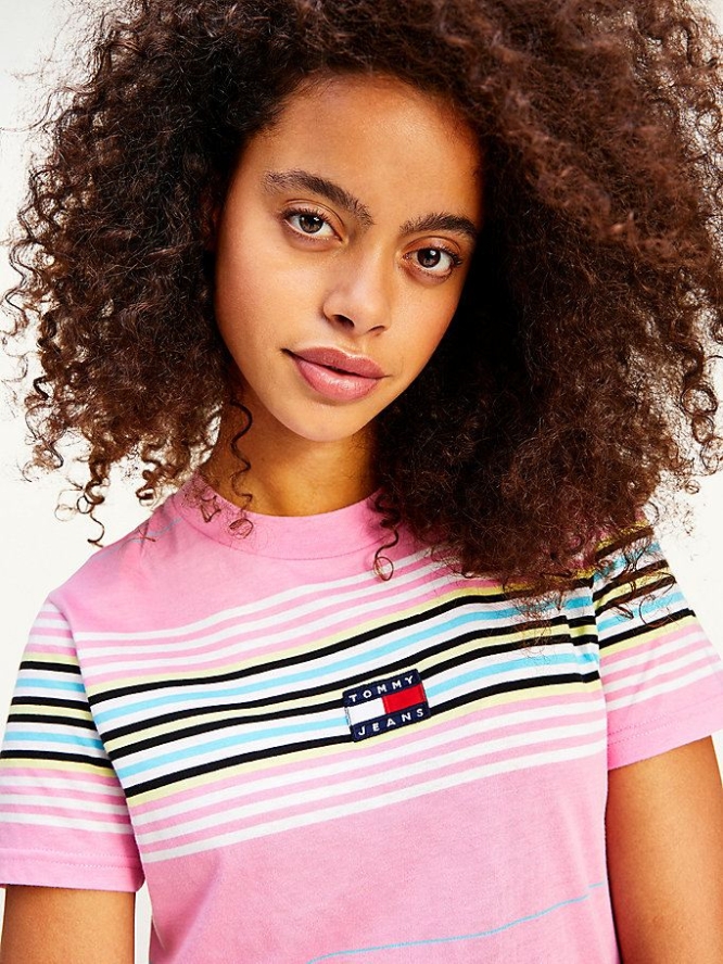 Tommy Hilfiger Badge All-Over Stripe T-shirts Damen Rosa | AT831UVBI