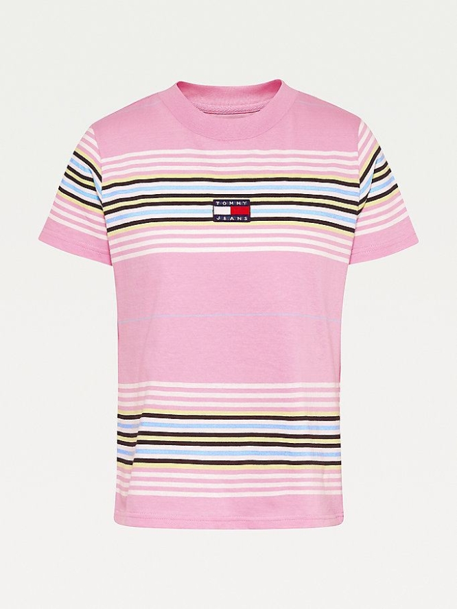 Tommy Hilfiger Badge All-Over Stripe T-shirts Damen Rosa | AT831UVBI