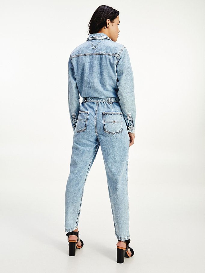 Tommy Hilfiger Badge Belted Denim Overall Damen Hellblau | AT738FATV