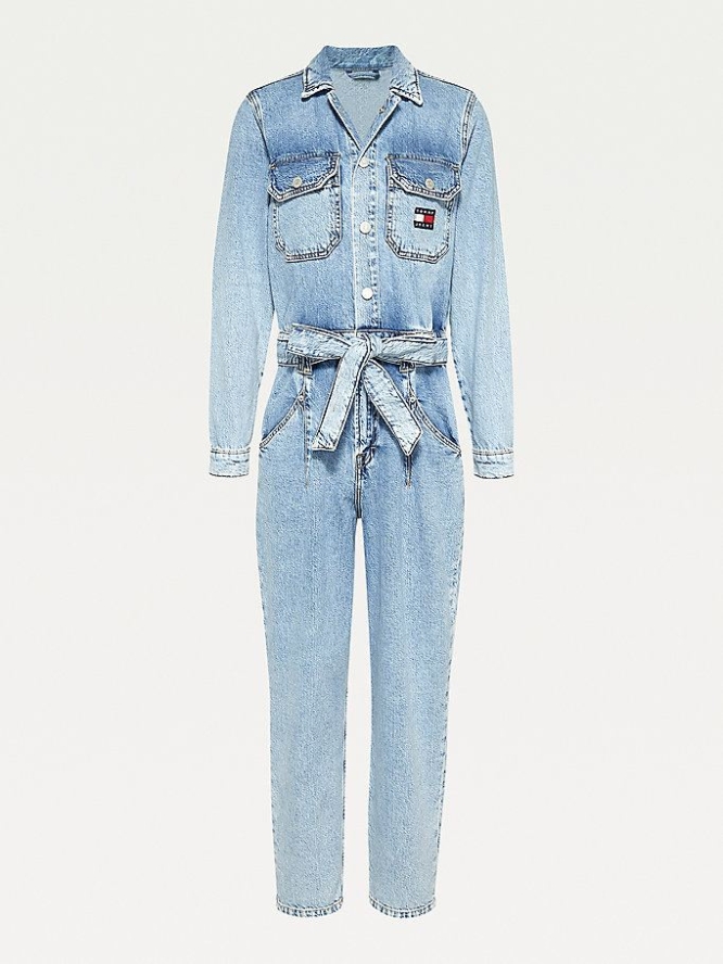 Tommy Hilfiger Badge Belted Denim Overall Damen Hellblau | AT738FATV