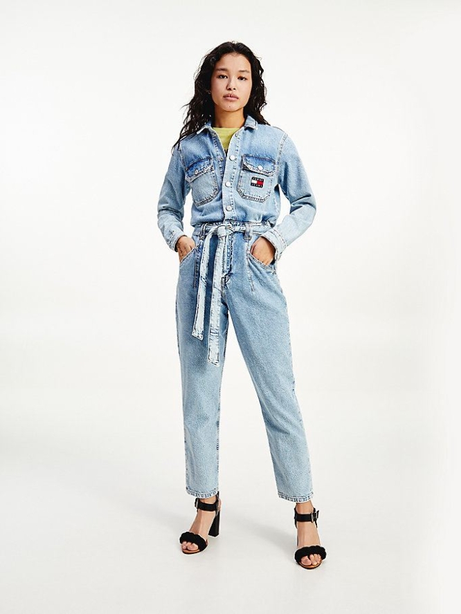 Tommy Hilfiger Badge Belted Denim Overall Damen Hellblau | AT738FATV