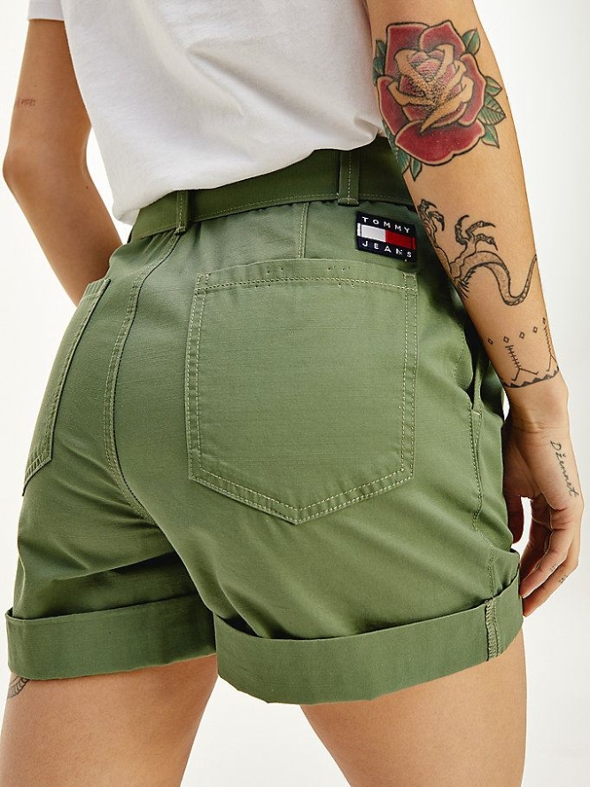 Tommy Hilfiger Badge Belted Mom Kurze Hose Damen Olivgrün | AT825XPAI