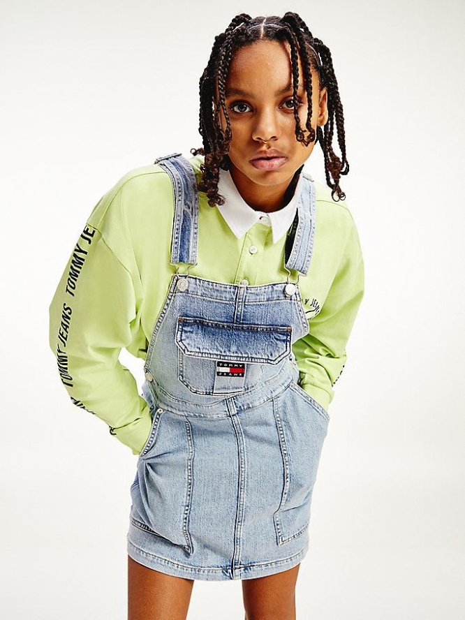 Tommy Hilfiger Badge Neon Embroidery Dungaree Kleider Damen Hellblau | AT964NRTZ