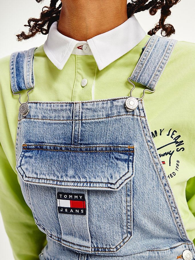 Tommy Hilfiger Badge Neon Embroidery Dungaree Kleider Damen Hellblau | AT964NRTZ