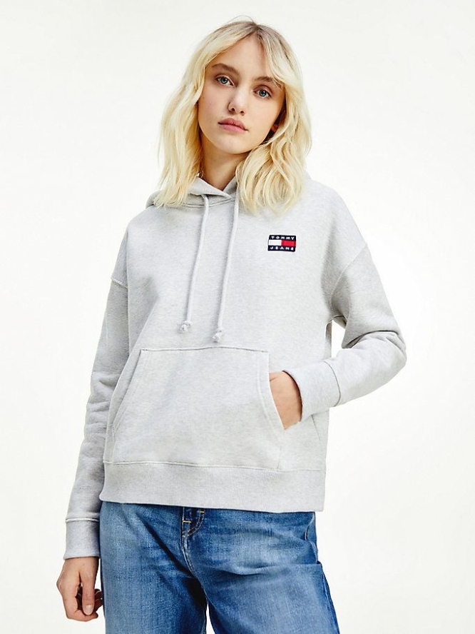 Tommy Hilfiger Badge Organic Baumwoll Hoodie Damen Silber Grau | AT347YSIJ