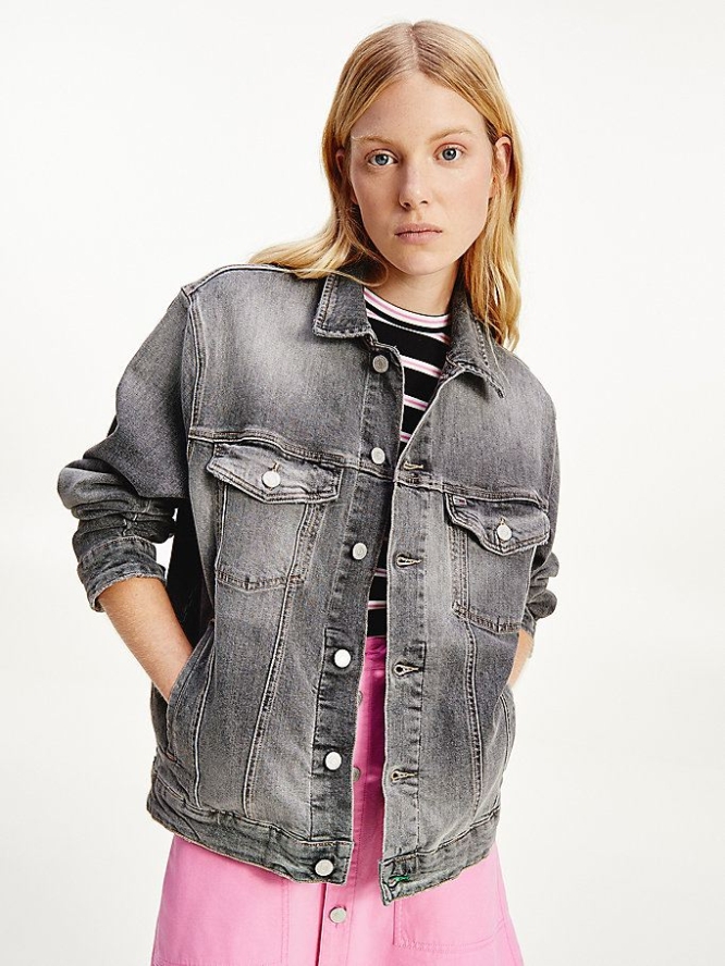 Tommy Hilfiger Badge Oversized Denim Trucker Jacke Damen Grau | AT372ZBOC