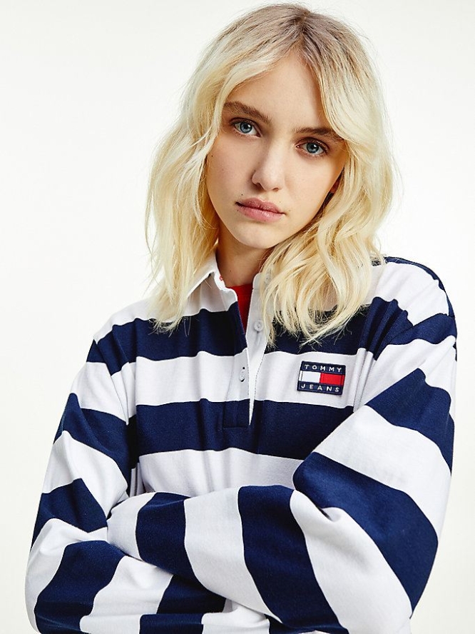 Tommy Hilfiger Badge Stripe Rugby Polo Shirts Damen Hellnavy | AT045DTUA