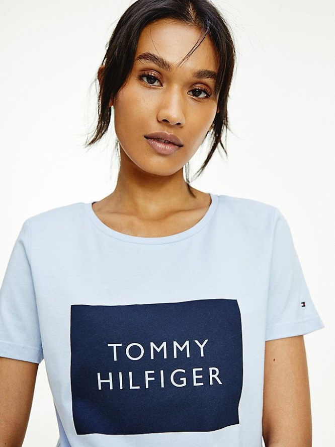 Tommy Hilfiger Box Logo Crew Neck T-shirts Damen Blau | AT521WVZQ