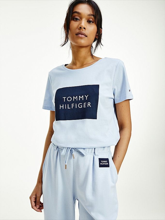 Tommy Hilfiger Box Logo Crew Neck T-shirts Damen Blau | AT521WVZQ