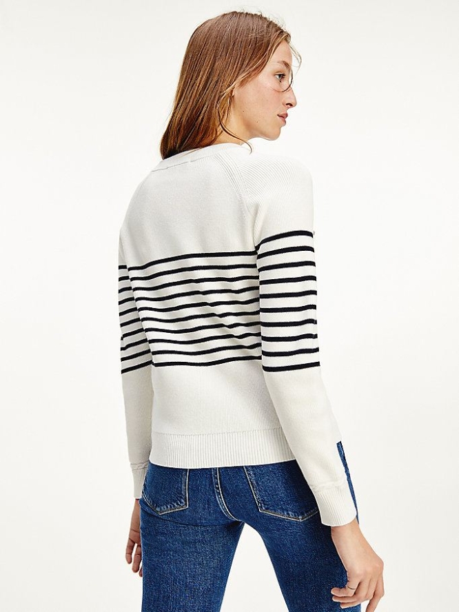 Tommy Hilfiger Button Stripe Gerippt Jumper Pullover Damen Weiß | AT450EBHF