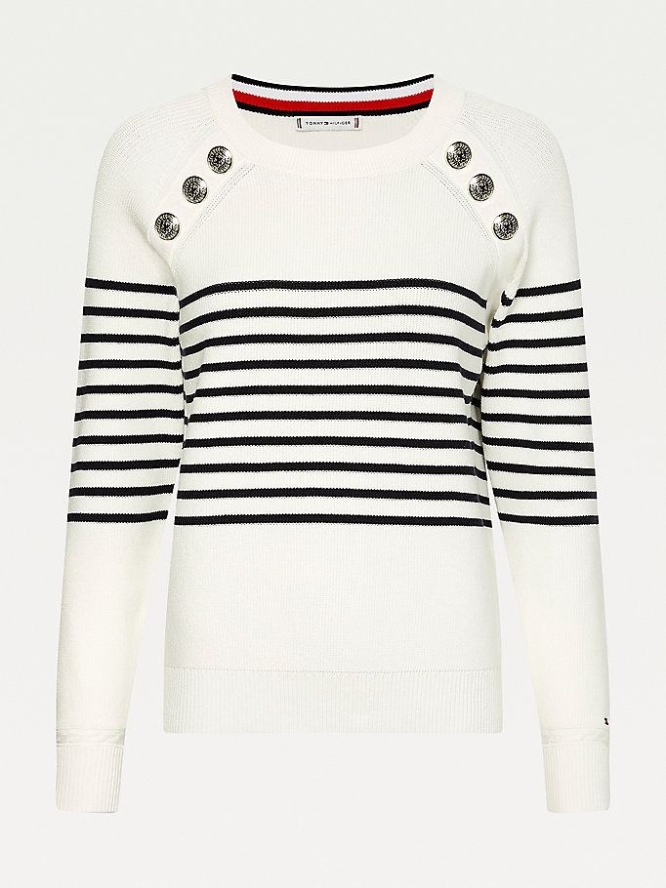 Tommy Hilfiger Button Stripe Gerippt Jumper Pullover Damen Weiß | AT450EBHF