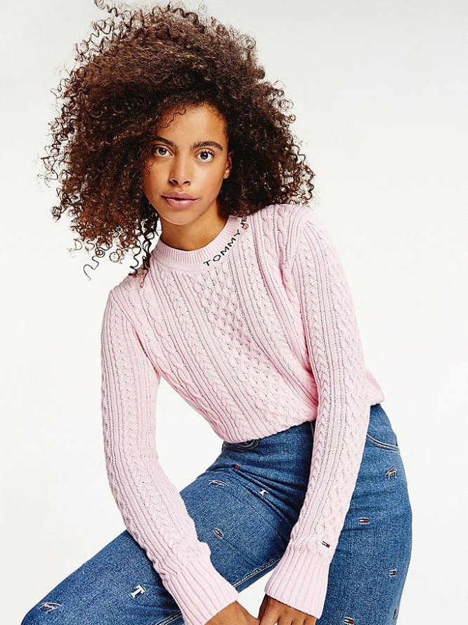 Tommy Hilfiger Cable Knit Crew Neck Jumper Pullover Damen Rosa | AT621OPGW