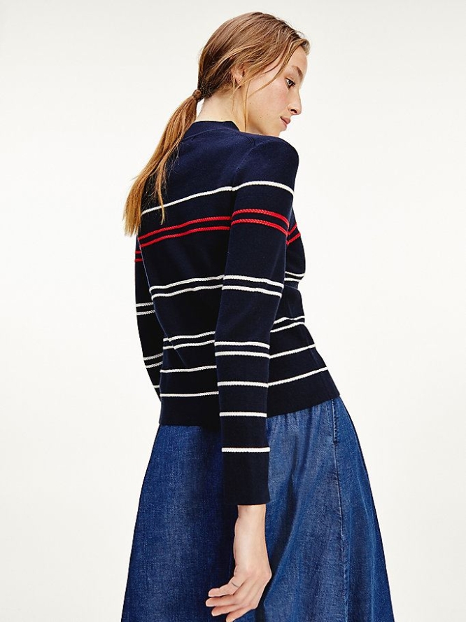 Tommy Hilfiger Cable Stripe Mock Turtleneck Jumper Pullover Damen Dunkelblau | AT760BSNM