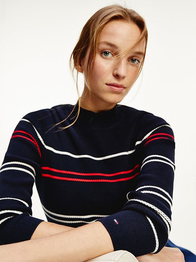 Tommy Hilfiger Cable Stripe Mock Turtleneck Jumper Pullover Damen Dunkelblau | AT760BSNM