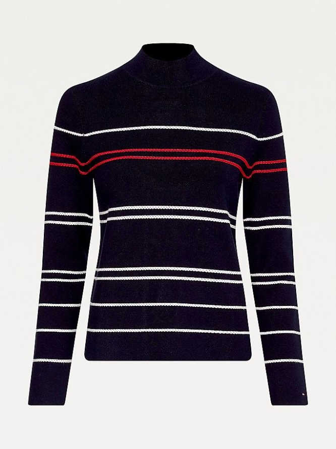 Tommy Hilfiger Cable Stripe Mock Turtleneck Jumper Pullover Damen Dunkelblau | AT760BSNM