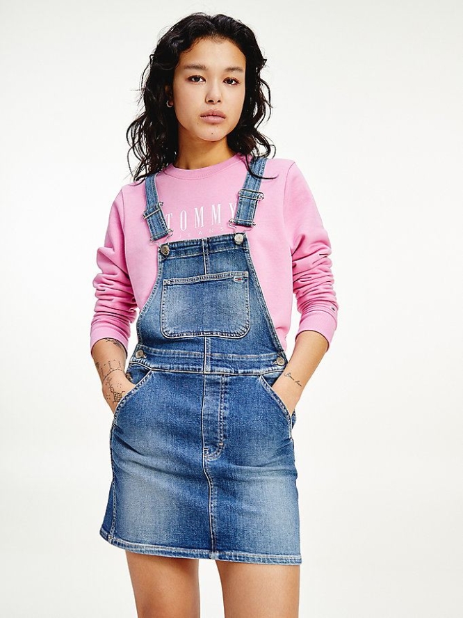 Tommy Hilfiger Classics Badge Faded Dungaree Kleider Damen Blau | AT427JYRZ