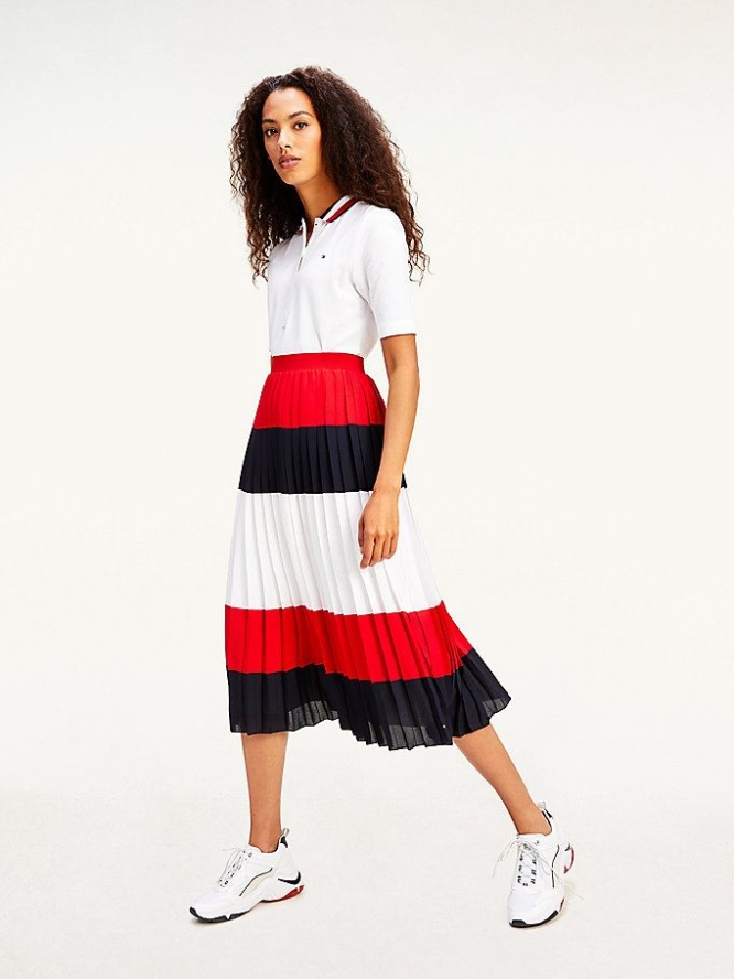 Tommy Hilfiger Colour-Blocked Falten Midi Röcke Damen Weiß | AT231XZKI