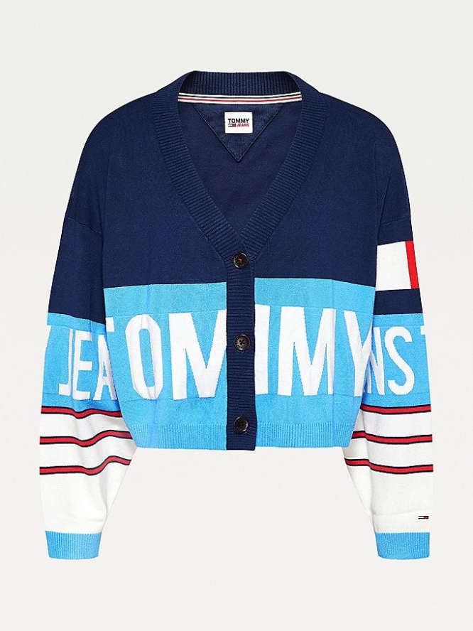 Tommy Hilfiger Colour-Blocked Logo Print Cardigan Pullover Damen Blau Mehrfarbig | AT375VSZG