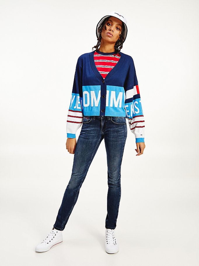 Tommy Hilfiger Colour-Blocked Logo Print Cardigan Pullover Damen Blau Mehrfarbig | AT375VSZG