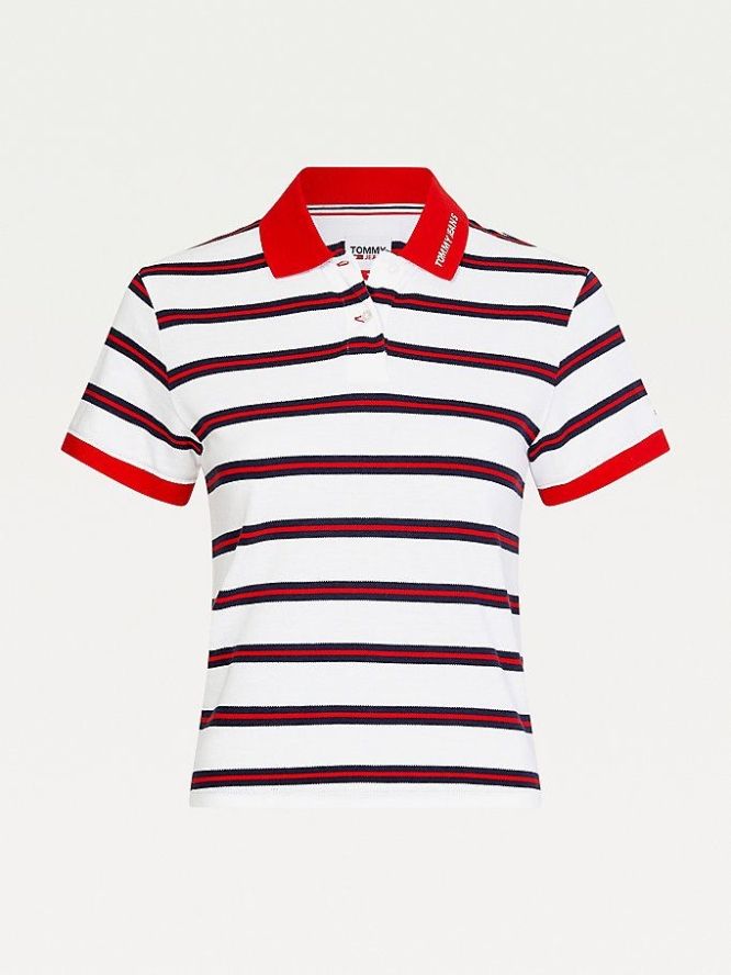 Tommy Hilfiger Contrast Collar Cropped Polo Shirts Damen Weiß Mehrfarbig | AT364JAHW