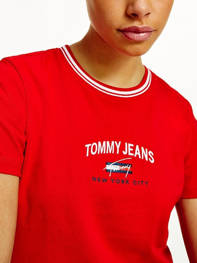 Tommy Hilfiger Contrast Collar Logo T-shirts Damen Tiefesrot | AT184GYPO