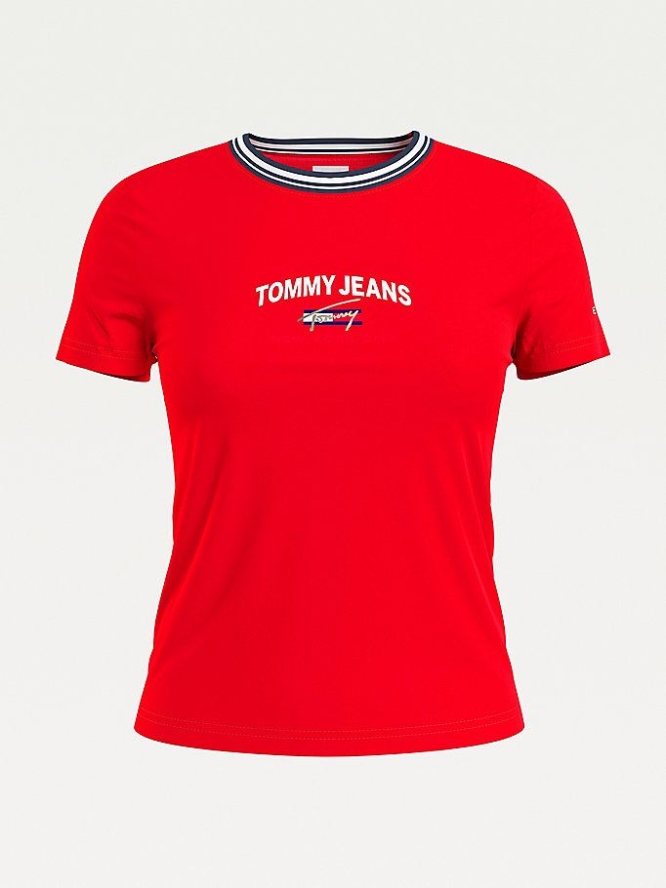 Tommy Hilfiger Contrast Collar Logo T-shirts Damen Tiefesrot | AT184GYPO