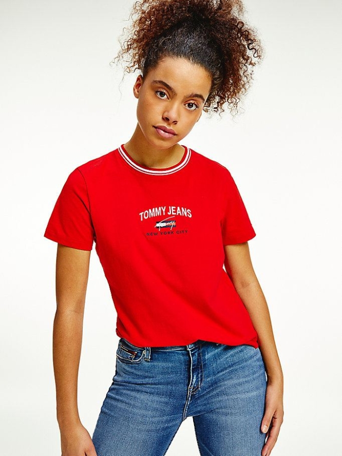 Tommy Hilfiger Contrast Collar Logo T-shirts Damen Tiefesrot | AT184GYPO