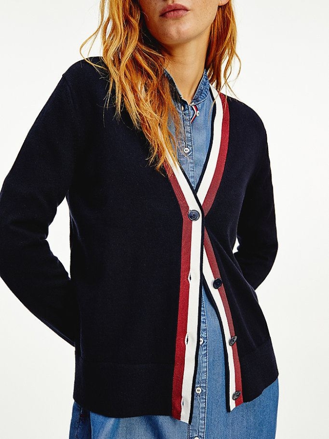 Tommy Hilfiger Contrast V-Neck Cardigan Pullover Damen Dunkelblau | AT458ENMG