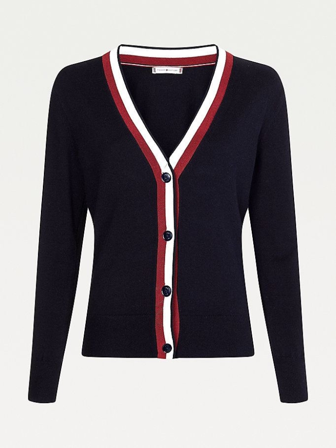 Tommy Hilfiger Contrast V-Neck Cardigan Pullover Damen Dunkelblau | AT458ENMG