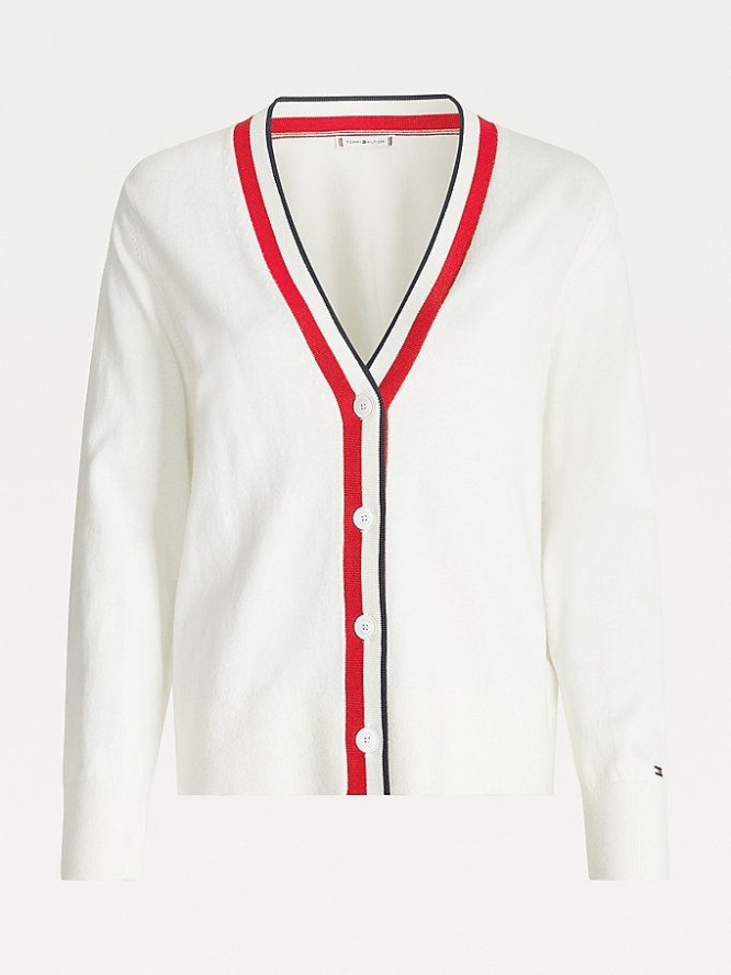 Tommy Hilfiger Contrast V-Neck Cardigan Pullover Damen Weiß | AT928UPZQ