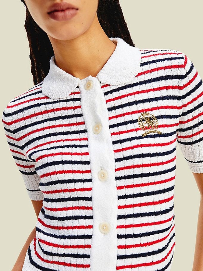 Tommy Hilfiger Crest Stripe Cardigan Pullover Damen Navy Mehrfarbig | AT519XMPE