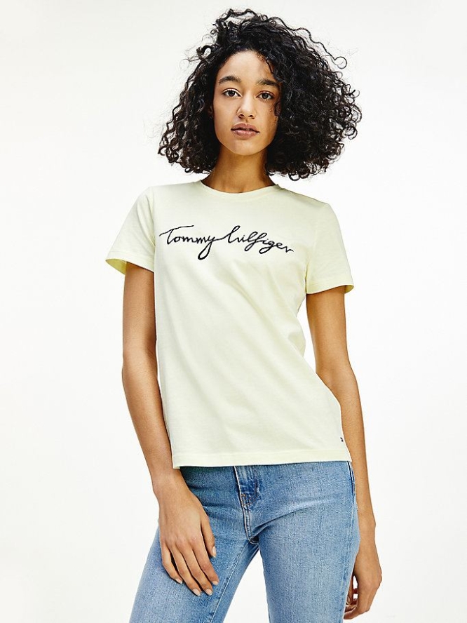 Tommy Hilfiger Crew Neck Graphic Signature Logo T-shirts Damen Zitrone | AT178SZKL