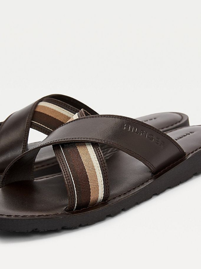 Tommy Hilfiger Criss Cross Leder Sandalen Herren Kaffee | AT047IYZO