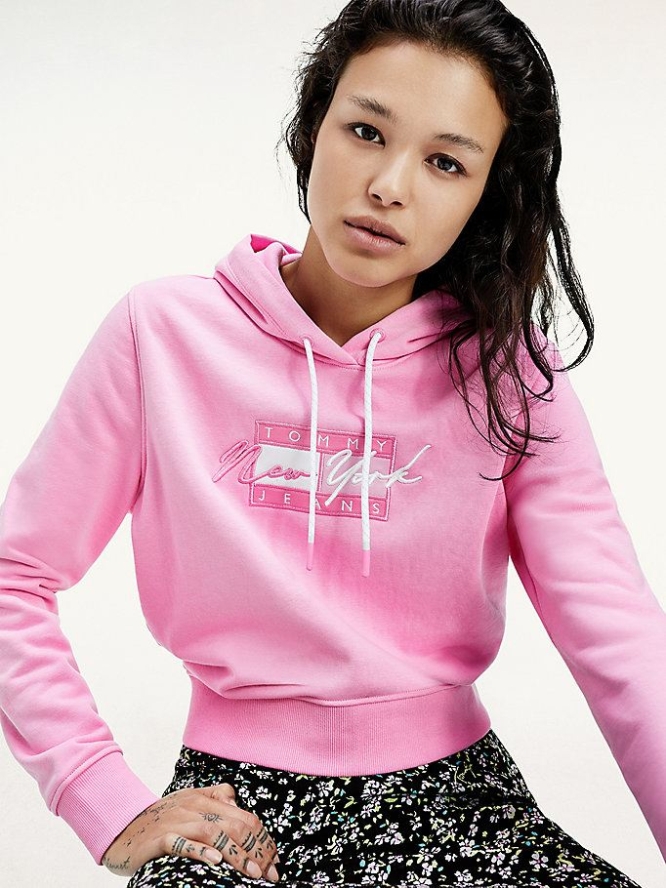 Tommy Hilfiger Cropped Logo Hoodie Damen Rosa | AT064QNPT