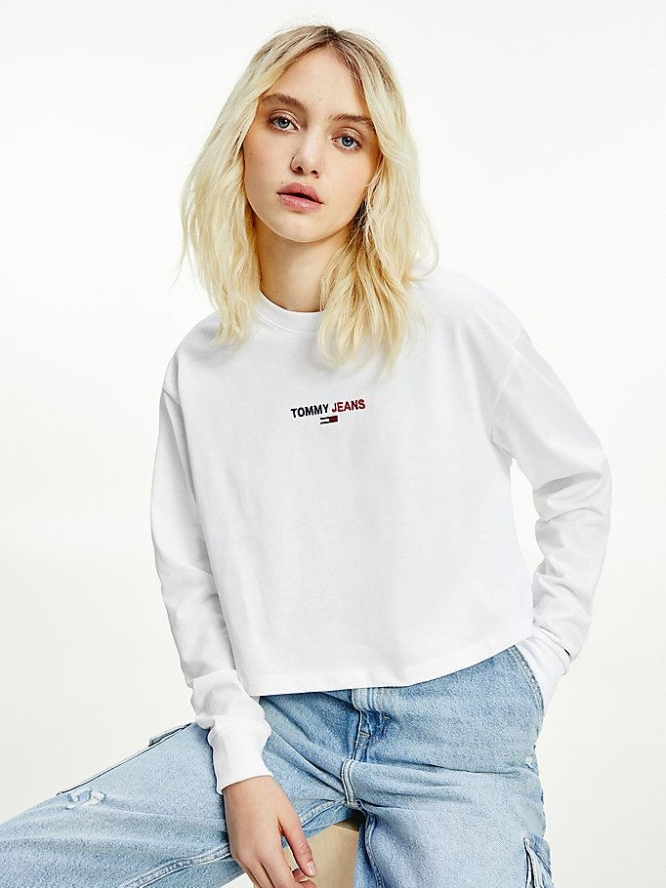 Tommy Hilfiger Cropped Long Sleeve T-shirts Damen Weiß | AT301VRWH