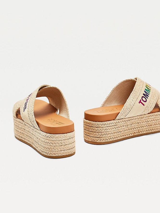 Tommy Hilfiger Crossover Riemen Mules Keilabsatz Sandalen Damen Beige | AT593OHFY