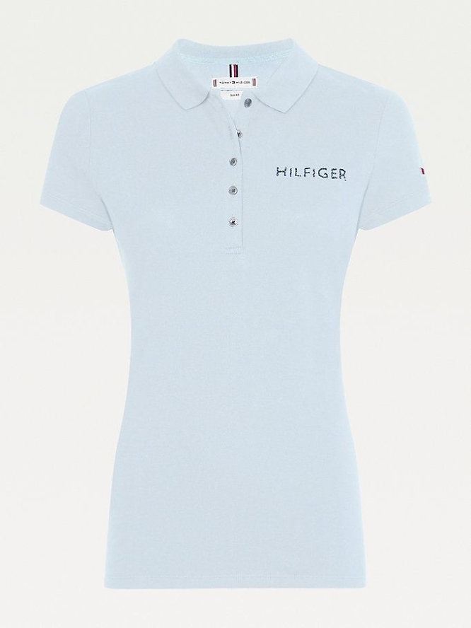 Tommy Hilfiger Crystal Embellished Logo Slim Fit Polo Shirts Damen Blau | AT047RTDW