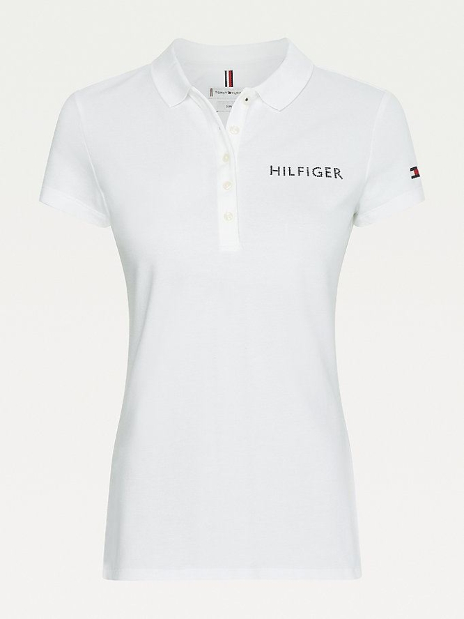 Tommy Hilfiger Crystal Embellished Logo Slim Fit Polo Shirts Damen Weiß | AT251JOAY