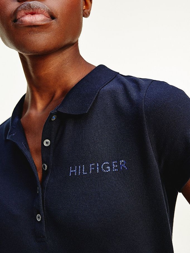 Tommy Hilfiger Crystal Embellished Logo Slim Fit Polo Shirts Damen Dunkelblau | AT583IOMC