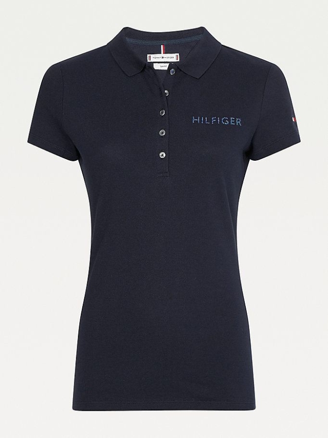 Tommy Hilfiger Crystal Embellished Logo Slim Fit Polo Shirts Damen Dunkelblau | AT583IOMC