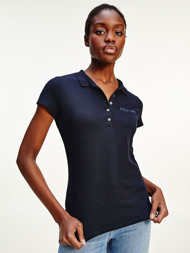 Tommy Hilfiger Crystal Embellished Logo Slim Fit Polo Shirts Damen Dunkelblau | AT583IOMC