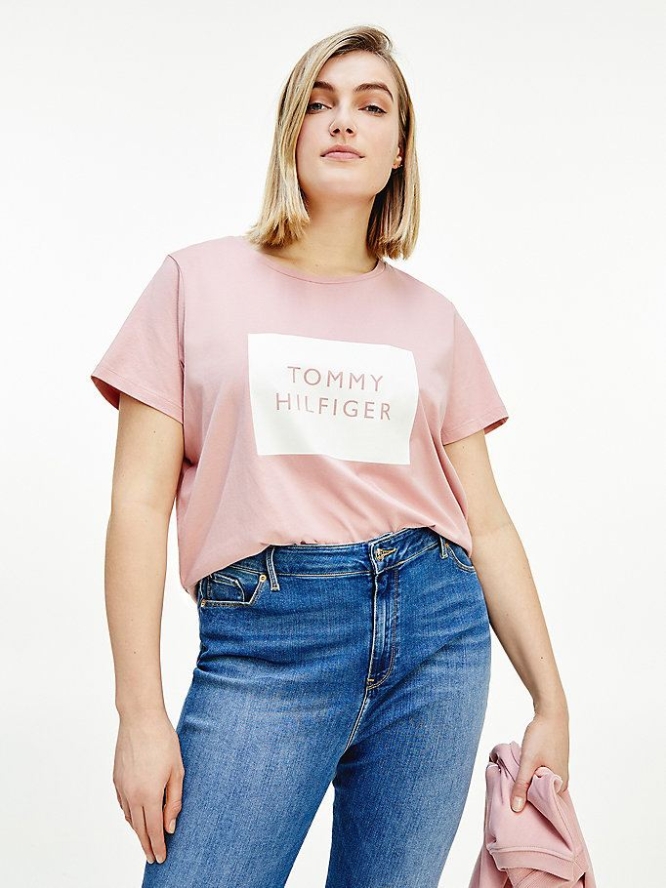 Tommy Hilfiger Curve Box Logo Crew Neck T-shirts Damen Rosa | AT604XFAH