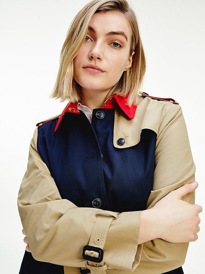 Tommy Hilfiger Curve Colour-Blocked Belted Trench Jacke Damen Rot Braun | AT541ADGL