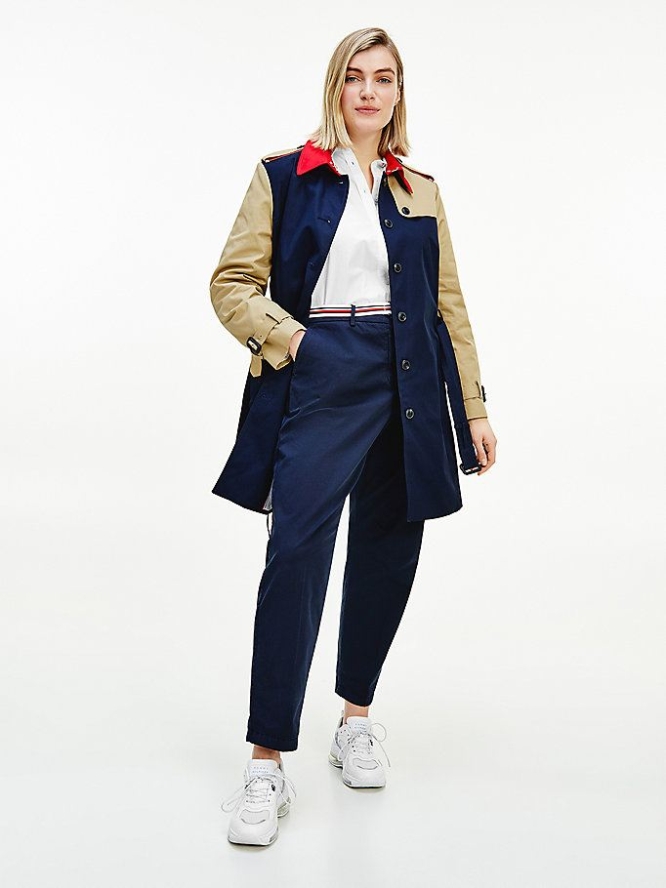 Tommy Hilfiger Curve Colour-Blocked Belted Trench Jacke Damen Rot Braun | AT541ADGL