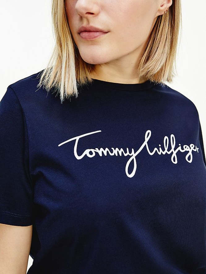 Tommy Hilfiger Curve Curve Signature Graphic Organic Baumwoll T-shirts Damen Dunkelblau | AT850CQYH