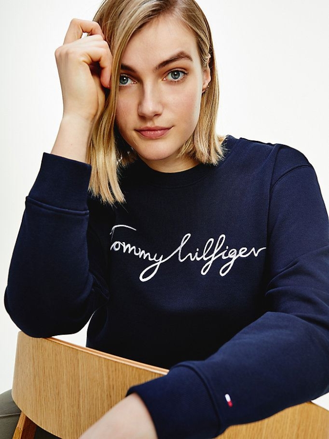 Tommy Hilfiger Curve Graphic Crew Neck Sweatshirts Damen Dunkelblau | AT236REXN