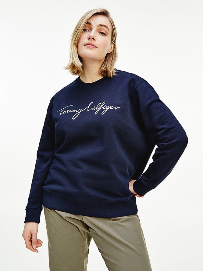 Tommy Hilfiger Curve Graphic Crew Neck Sweatshirts Damen Dunkelblau | AT236REXN