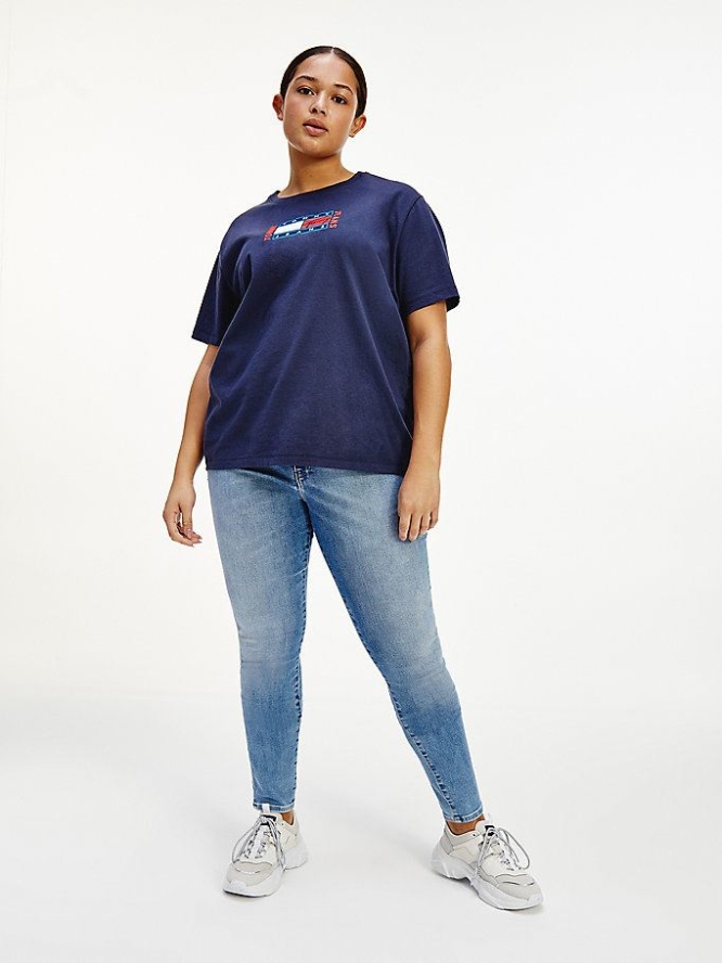 Tommy Hilfiger Curve Logo Embroidery Relaxed Fit T-shirts Damen Hellnavy | AT564HEYX