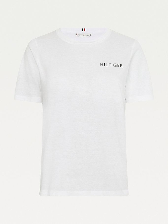 Tommy Hilfiger Cyrstal Embellished Logo Organic Baumwoll T-shirts Damen Weiß | AT270WHUO